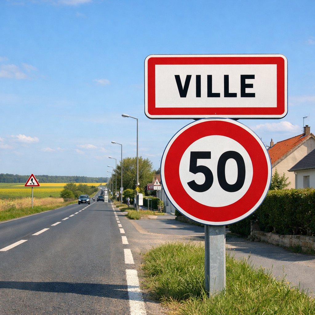 panneau officiel d’entrée d’agglomération française en bord de route, contexte visuel clair permettant de comprendre la différence entre règle en agglomération et hors agglomération