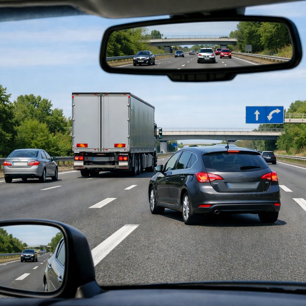 Vue arrière trois-quarts d’une autoroute française à trois voies, une voiture circule à droite, se déporte à gauche pour dépasser un poids lourd, marquages au sol visibles, trafic modéré, contrôle rétroviseurs et distances de sécurité perceptibles