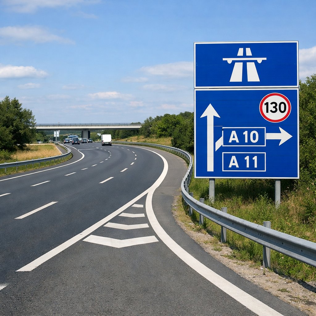 Panneau officiel français d’autoroute sur fond bleu et marquages au sol d’une voie d’insertion rejoignant la voie de droite, dans un environnement routier réaliste.