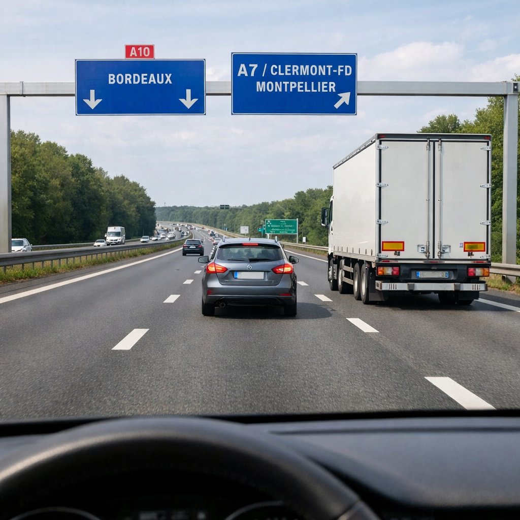 Scène réaliste depuis l’arrière d’une voiture sur autoroute française à trois voies, montrant un dépassement correct par la gauche puis le rabattement sécurisé avec grande distance devant un poids lourd.