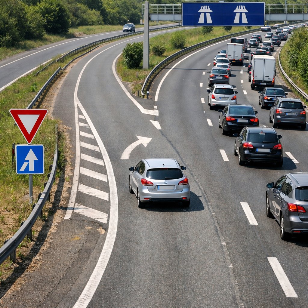 Vue en plongée d’une entrée d’autoroute française avec bretelle d’accès, voie d’insertion et circulation dense sur la voie de droite, montrant une voiture qui accélère pour s’insérer sans gêner.
