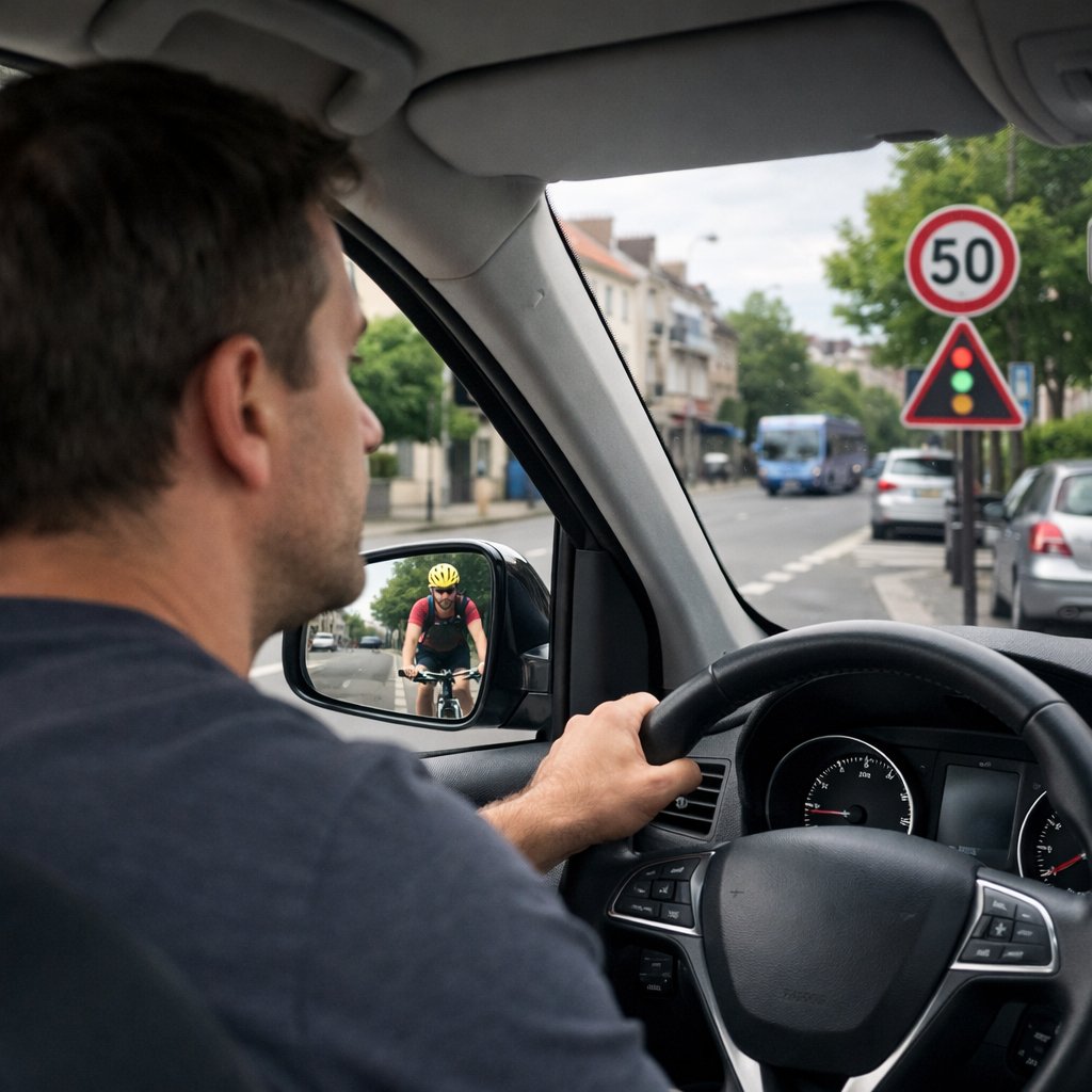 Conducteur vu de l’intérieur, tournant brièvement la tête vers l’angle mort droit avant un rabattement, avec rétroviseur droit visible et cycliste présent légèrement en arrière sur une rue française en agglomération