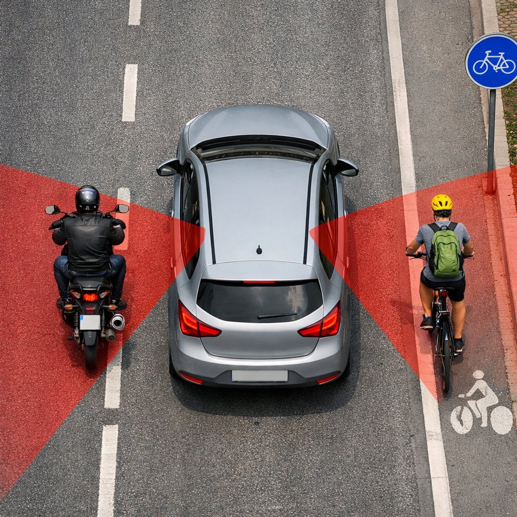 Schéma réaliste vu du dessus d’une voiture sur chaussée urbaine française montrant les zones d’angles morts latéraux arrière, avec présence d’une moto à gauche et d’un cycliste à droite, sans texte hors éventuelle signalisation routière