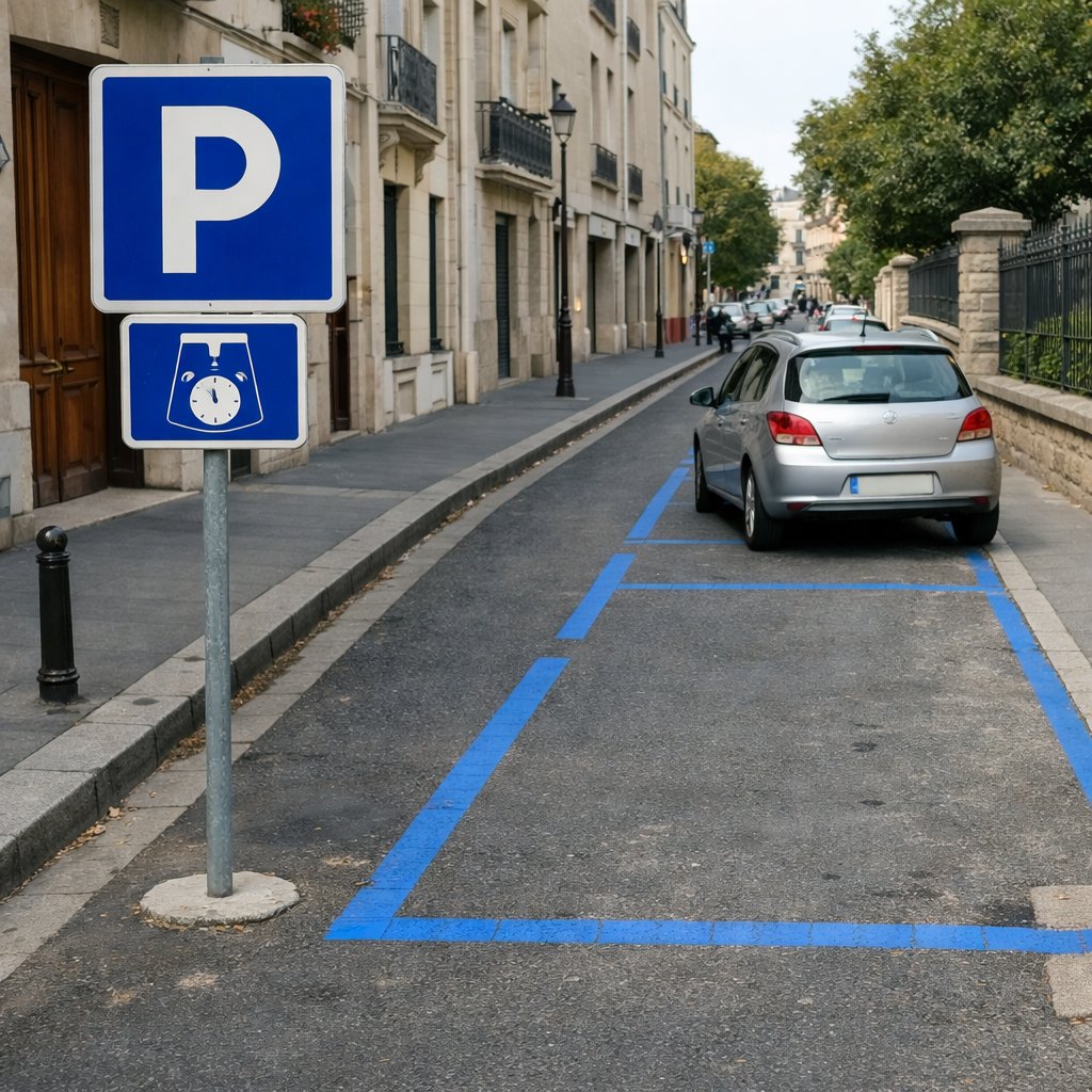 panneau officiel de stationnement en zone bleue avec marquage bleu au sol sur une rue française