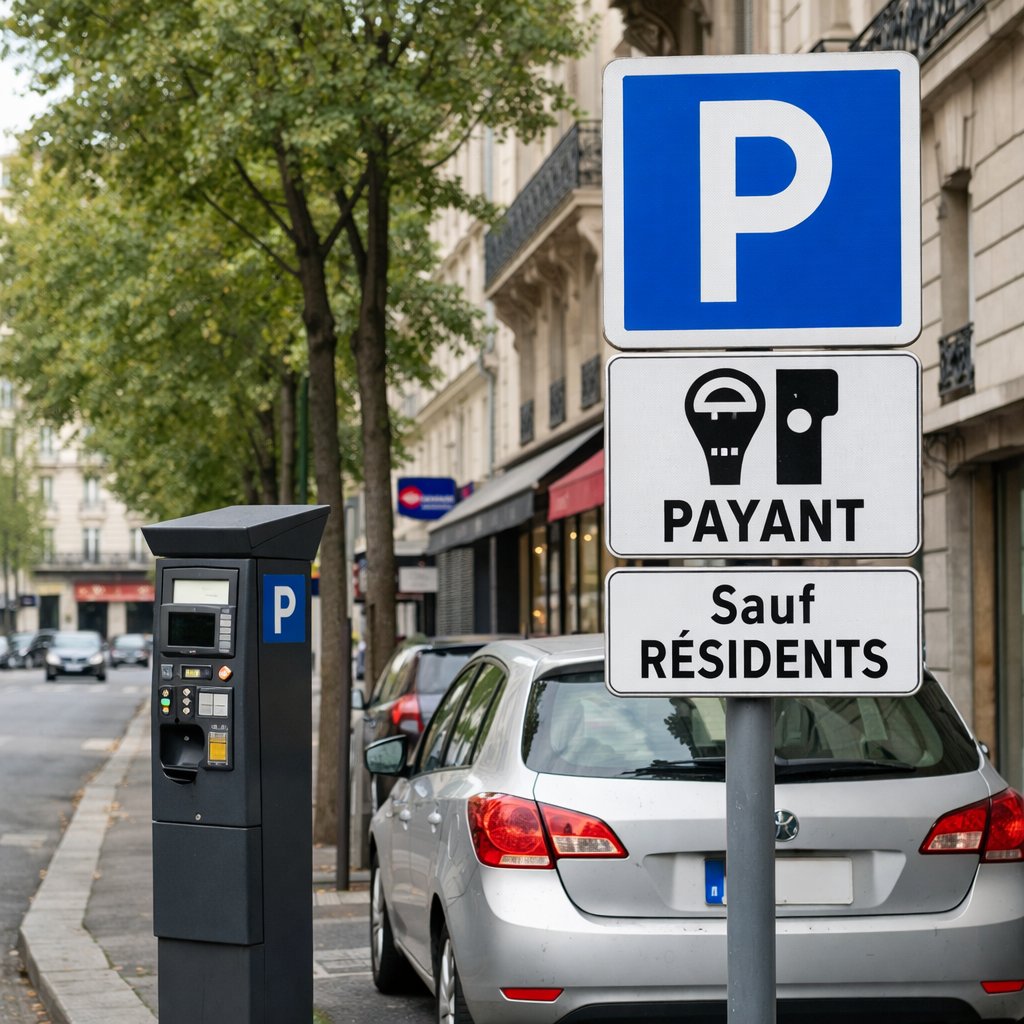 rue française avec horodateur, panneaux de stationnement payant et panonceau indiquant une exception pour résidents
