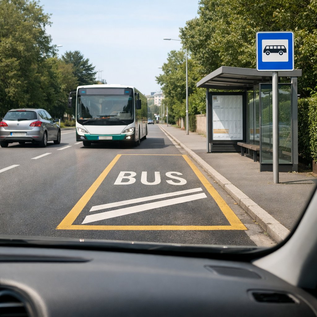 arrêt de bus urbain français vu en perspective conducteur, marquage au sol réservé, panneau officiel d’arrêt de bus, bus approchant, voiture particulière restant en dehors de la zone