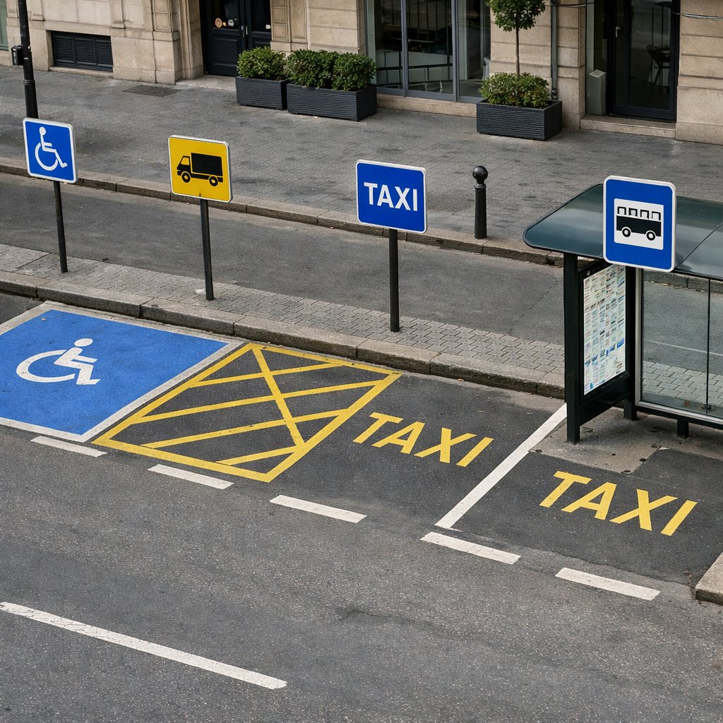 file de places en ville française : une place PMR, une zone livraison, une station taxis et un arrêt de bus distinctement visibles avec panneaux officiels, vue pédagogique en légère plongée