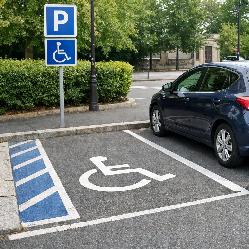 place PMR en voirie française avec marquage fauteuil roulant au sol, panneau officiel de stationnement réservé visible, voiture garée correctement laissant l’espace latéral libre