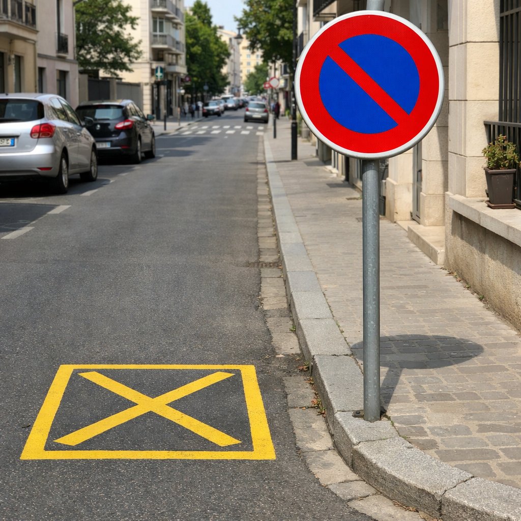 panneau officiel français d’interdiction de stationner avec marquage urbain au sol, rue de ville claire et réaliste