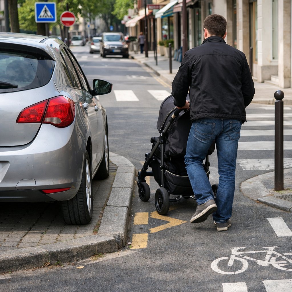 voiture garée partiellement sur un trottoir en ville française, piéton avec poussette obligé de descendre sur la chaussée, marquage urbain visible