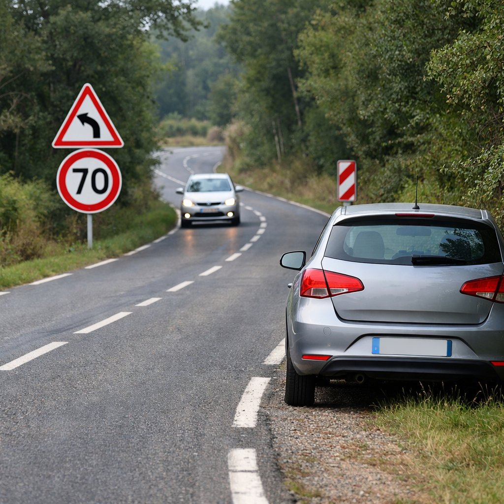 voiture stationnée juste après un virage sur route secondaire française, visibilité réduite, autre véhicule arrivant, ambiance de danger routier