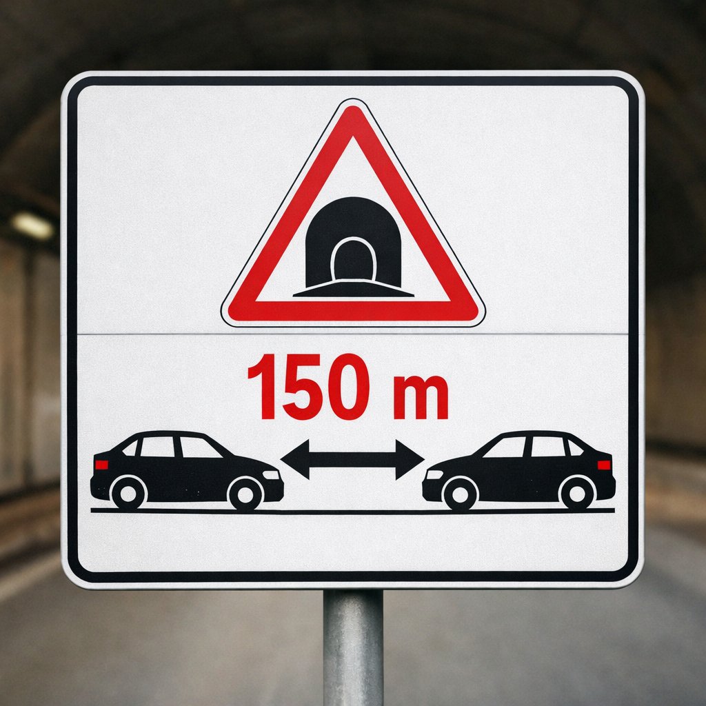 Panneau officiel français de distance de sécurité en tunnel, style code de la route, fond clair, symbole de deux voitures avec indication d'espacement réglementaire