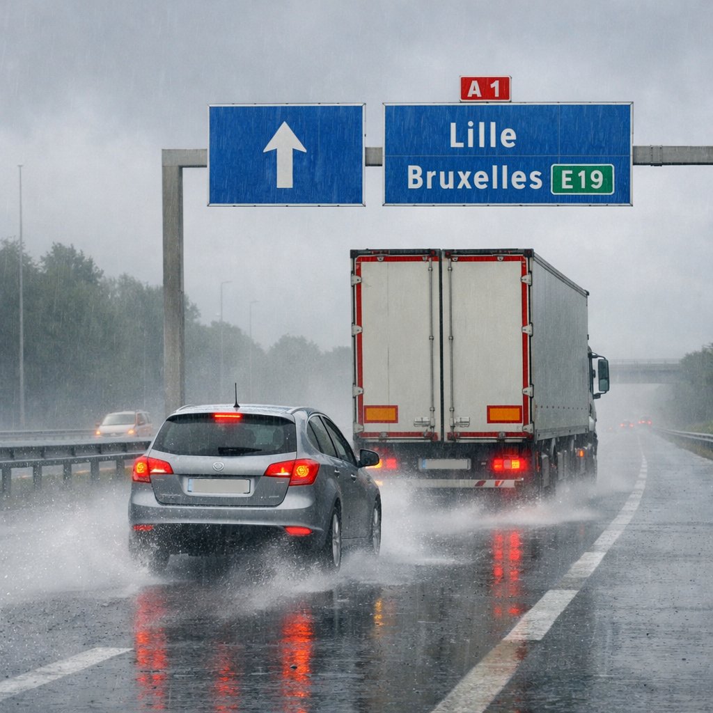 Scène d’autoroute sous la pluie en France, une voiture dépasse prudemment un camion, gerbes d’eau, feux visibles, voie de gauche libre, ambiance réaliste de mauvaise visibilité.