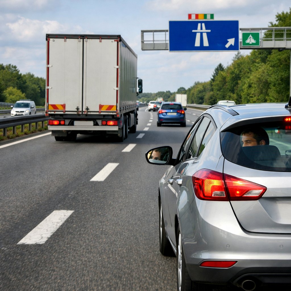 Vue arrière trois-quarts d’une voiture sur autoroute française à trois voies, se déportant à gauche pour dépasser un poids lourd, avec marquage au sol visible, glissières, trafic fluide et contrôle visuel dans le rétroviseur.