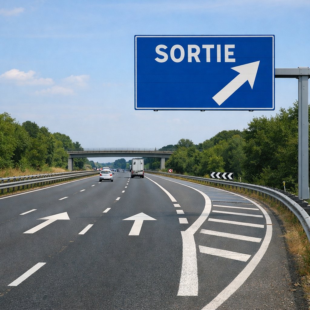 vue d'une autoroute française avec panneau officiel de sortie, flèches directionnelles et voie de décélération qui commence sur la droite