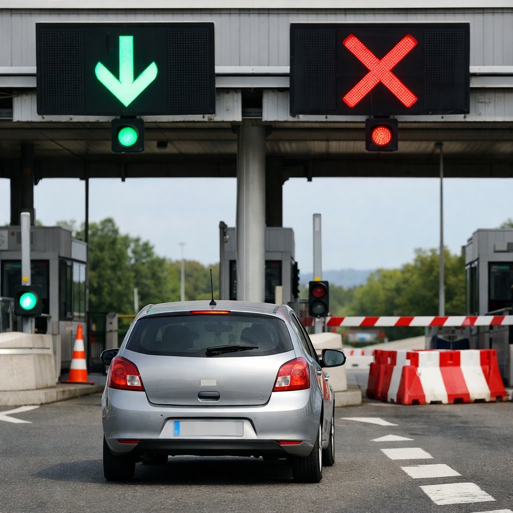 vue rapprochée d'une voie de péage française avec flèche verte au-dessus d'une file ouverte et croix rouge sur une file fermée, voiture en approche lente