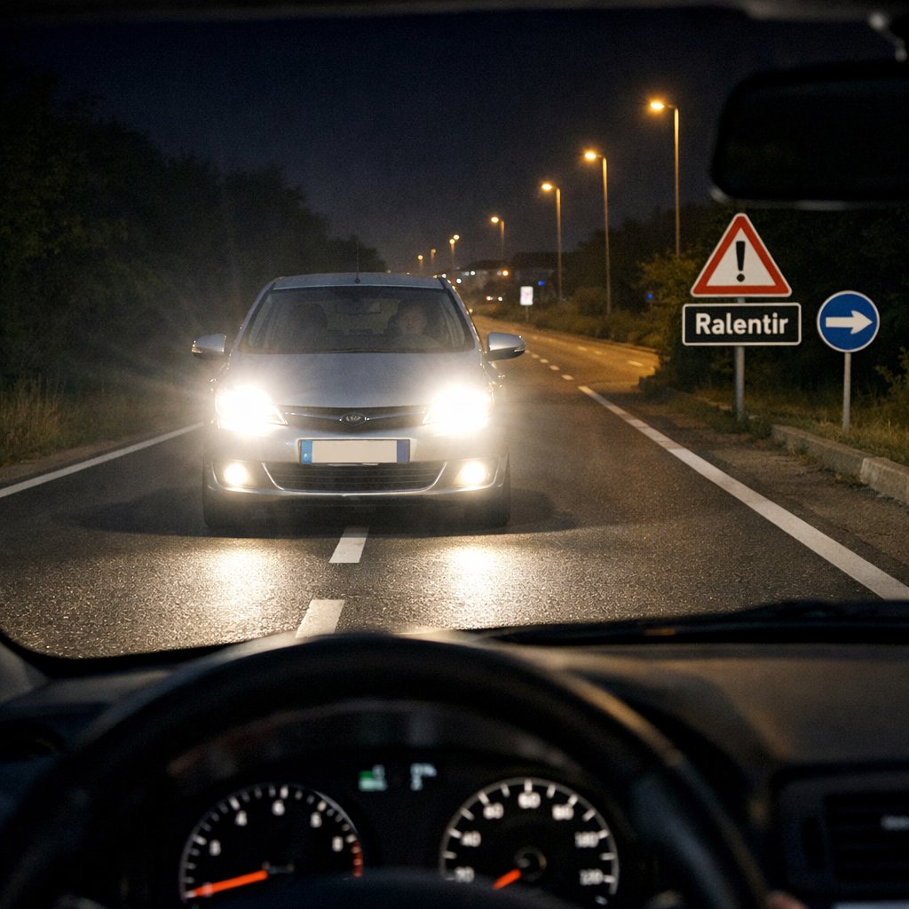 Voiture avec phares allumés la nuit