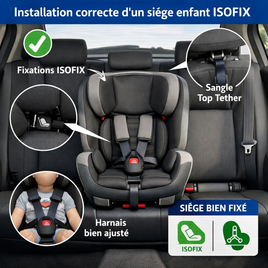 Schéma montrant l'installation correcte d'un siège enfant ISOFIX