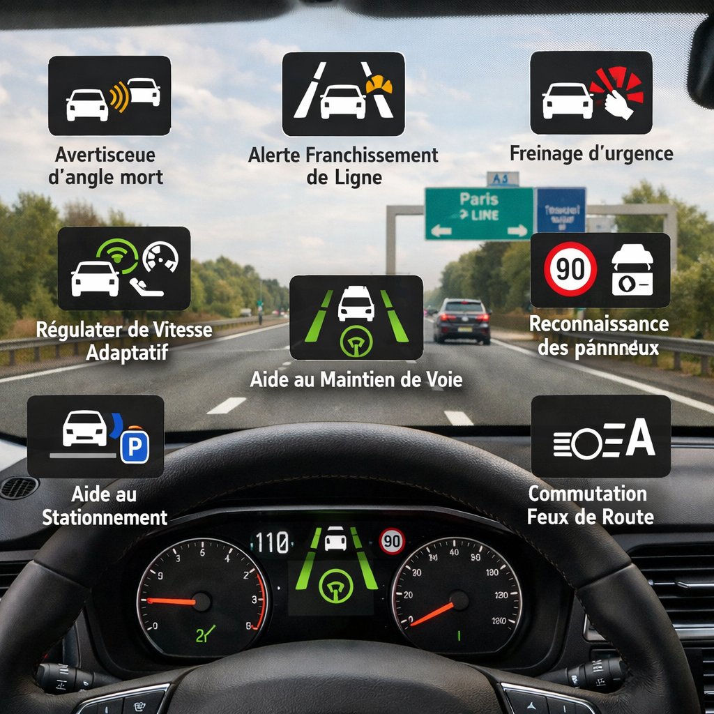 Vue d'une voiture avec icônes d'aides à la conduite