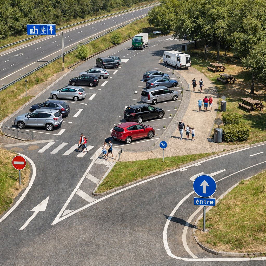 vue aérienne d’une aire de repos française avec voitures stationnées correctement, piétons en sécurité et voies d’accès bien visibles