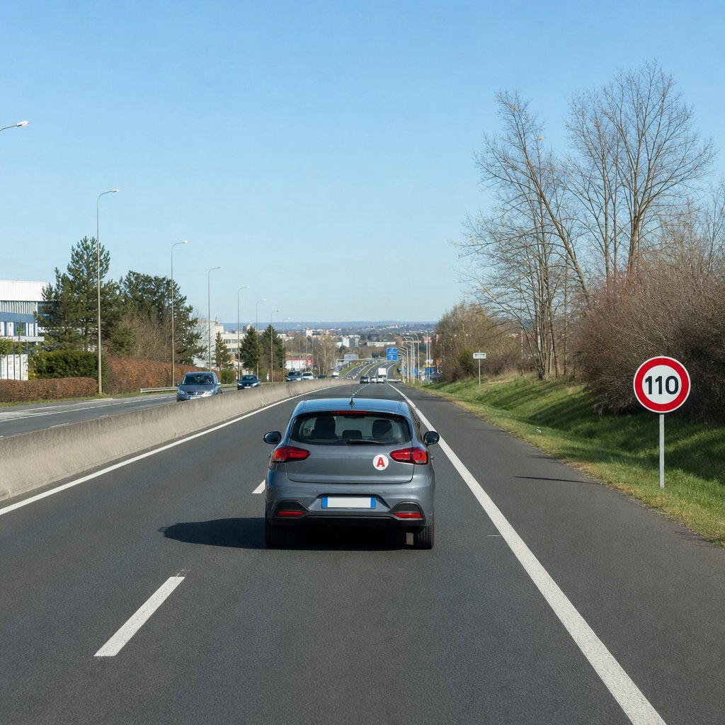 Route française à deux chaussées séparées par un terre-plein central, panneau officiel de limitation 110 sur le bord droit, voiture avec disque A circulant calmement sur la voie de droite, visibilité bonne, environnement périurbain
