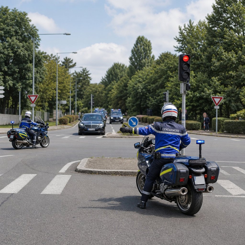 Carrefour français avec motards de gendarmerie bloquant une voie pour laisser passer un convoi officiel