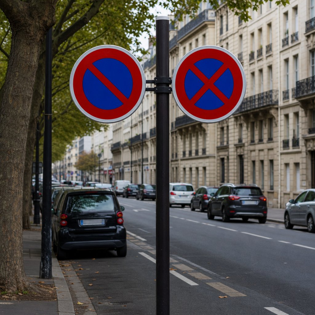 Deux panneaux officiels français côte à côte sur un même support, stationnement interdit et arrêt-stationnement interdits, bord de rue urbaine, angle latéral réaliste montrant trottoir, chaussée et contexte de circulation sans texte ajouté