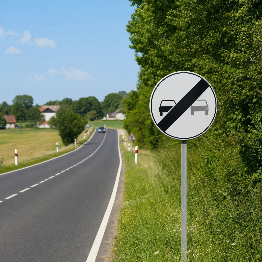 Panneau officiel français de fin d'interdiction de dépasser au bord d'une route bidirectionnelle de campagne