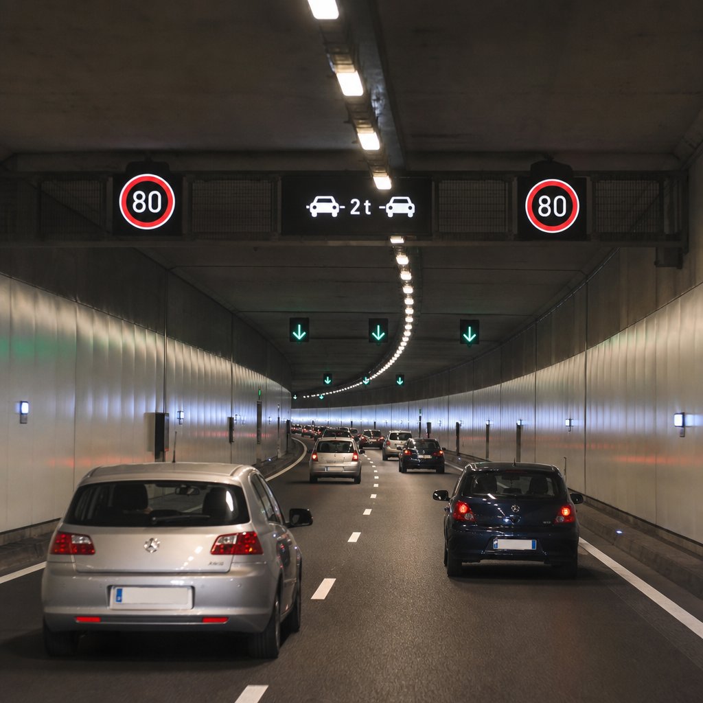 tunnel routier français vu depuis l'intérieur, circulation dense mais fluide, voitures avec feux de croisement allumés, panneaux de limitation de vitesse et rappel de distance de sécurité, éclairage artificiel au plafond, perspective centrale réaliste
