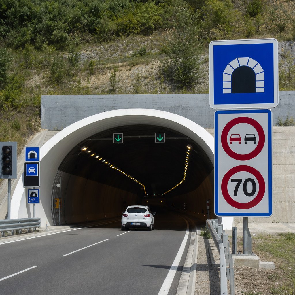 panneau officiel français annonçant un tunnel et signalisation de sécurité en tunnel, vue nette en situation réelle sur route, entrée de tunnel moderne, marquage au sol visible, sans texte ajouté hors panneaux