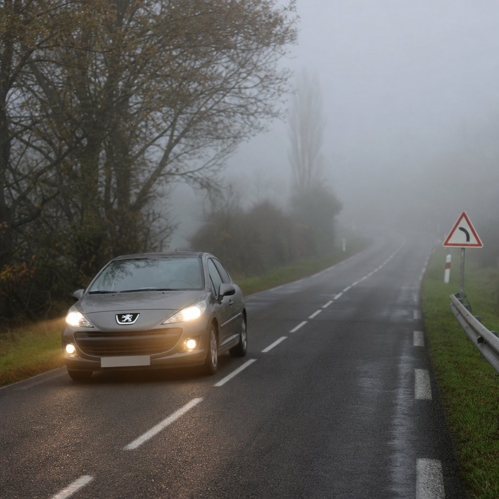 voiture française de tourisme sur route départementale dans le brouillard, feux de croisement allumés avec antibrouillards avant, visibilité réduite, marquage axial visible, environnement rural réaliste, vue trois quarts avant