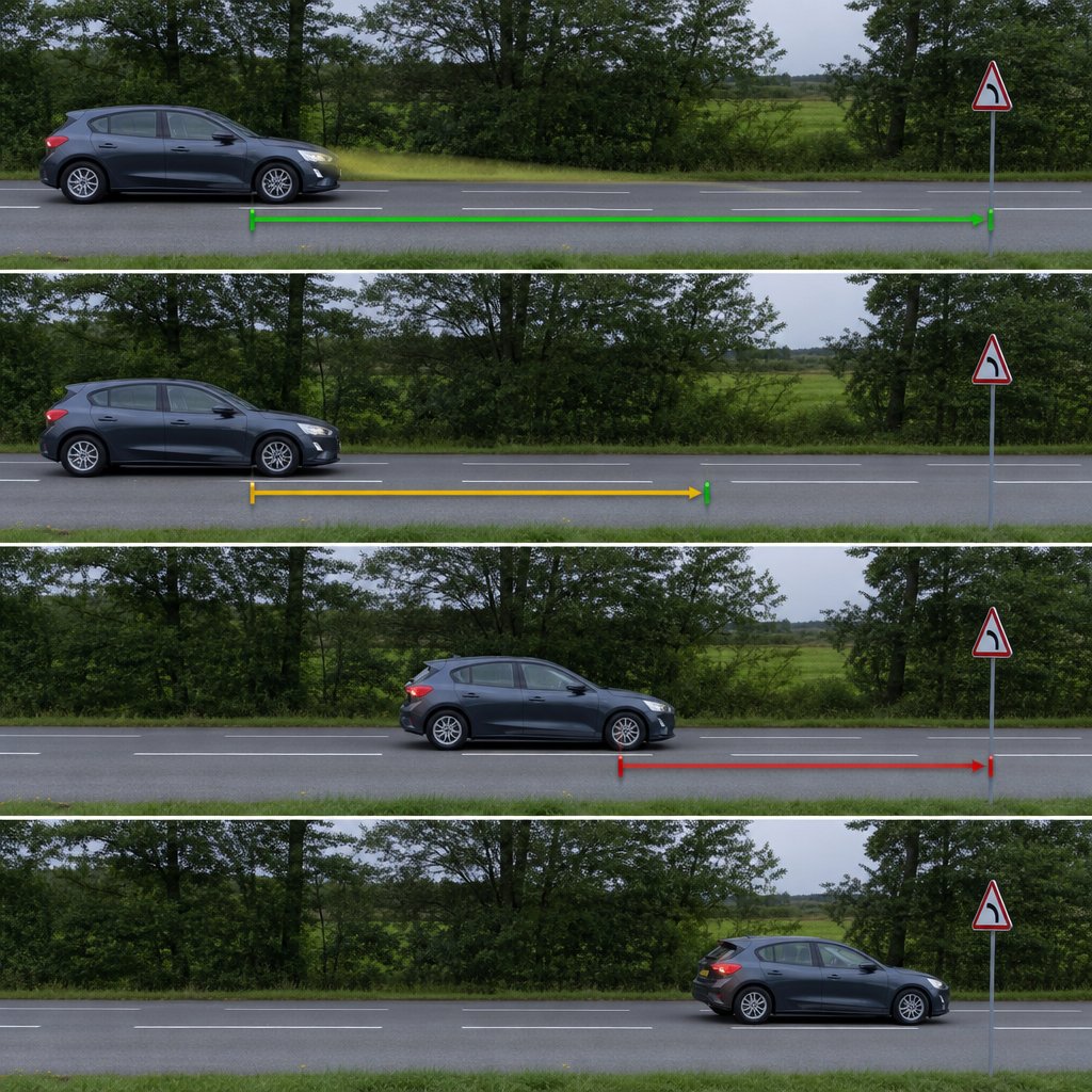 vue de profil d'une voiture sur route française avec repères visuels distincts montrant d'abord la distance de réaction puis la distance de freinage jusqu'à l'arrêt complet, marquages au sol réalistes, environnement routier simple