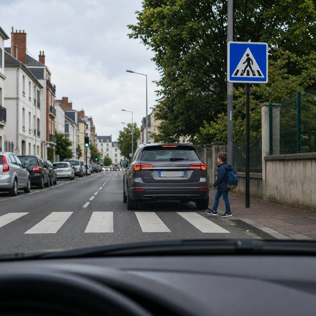 Rue française en agglomération, vue conducteur à hauteur de pare-brise, passage piéton visible, voiture arrêtée partiellement masquant un enfant prêt à traverser, trottoirs, marquage au sol, ambiance réaliste de conduite, sans texte ajouté