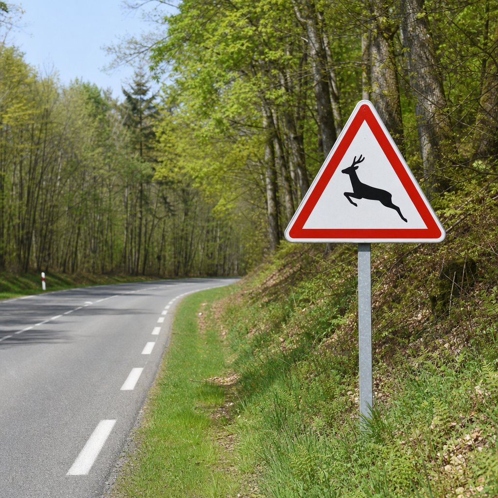 Panneau officiel français de danger annonçant le passage d’animaux sauvages au bord d’une route départementale, environnement boisé, prise de vue latérale claire, panneau net et conforme, sans autre texte ajouté