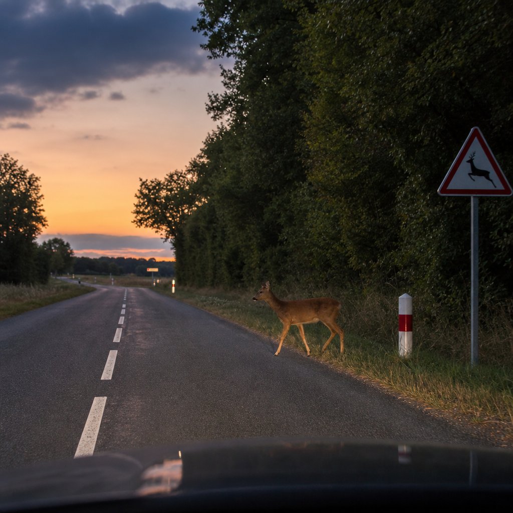 Route secondaire française en lisière de forêt au crépuscule, vue conducteur, un chevreuil visible sur le bas-côté prêt à traverser, voiture centrée sur sa voie, ambiance réaliste, marquages routiers français, sans texte ajouté