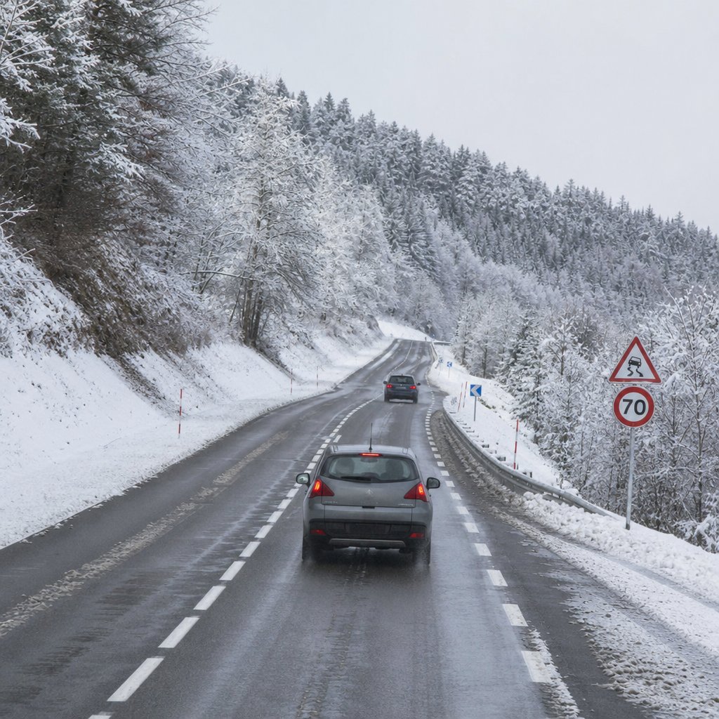 route française enneigée avec une voiture conservant une grande distance de sécurité derrière un autre véhicule, traces de pneus visibles, ambiance hivernale, panneaux routiers français, légère pente et forêt en bord de route