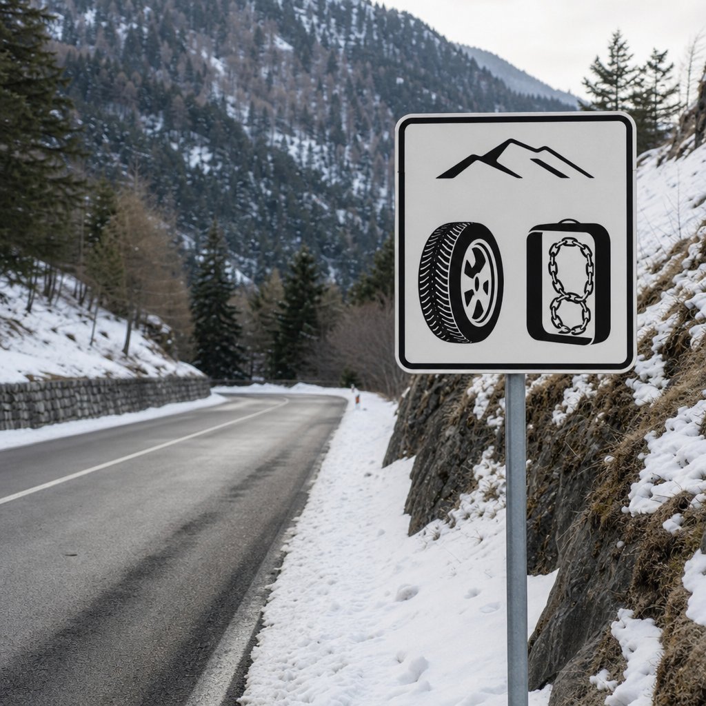 panneau officiel français d'entrée de zone d'obligation d'équipements hivernaux, vu au bord d'une route de montagne, environnement enneigé discret, sans autre texte que le panneau réglementaire