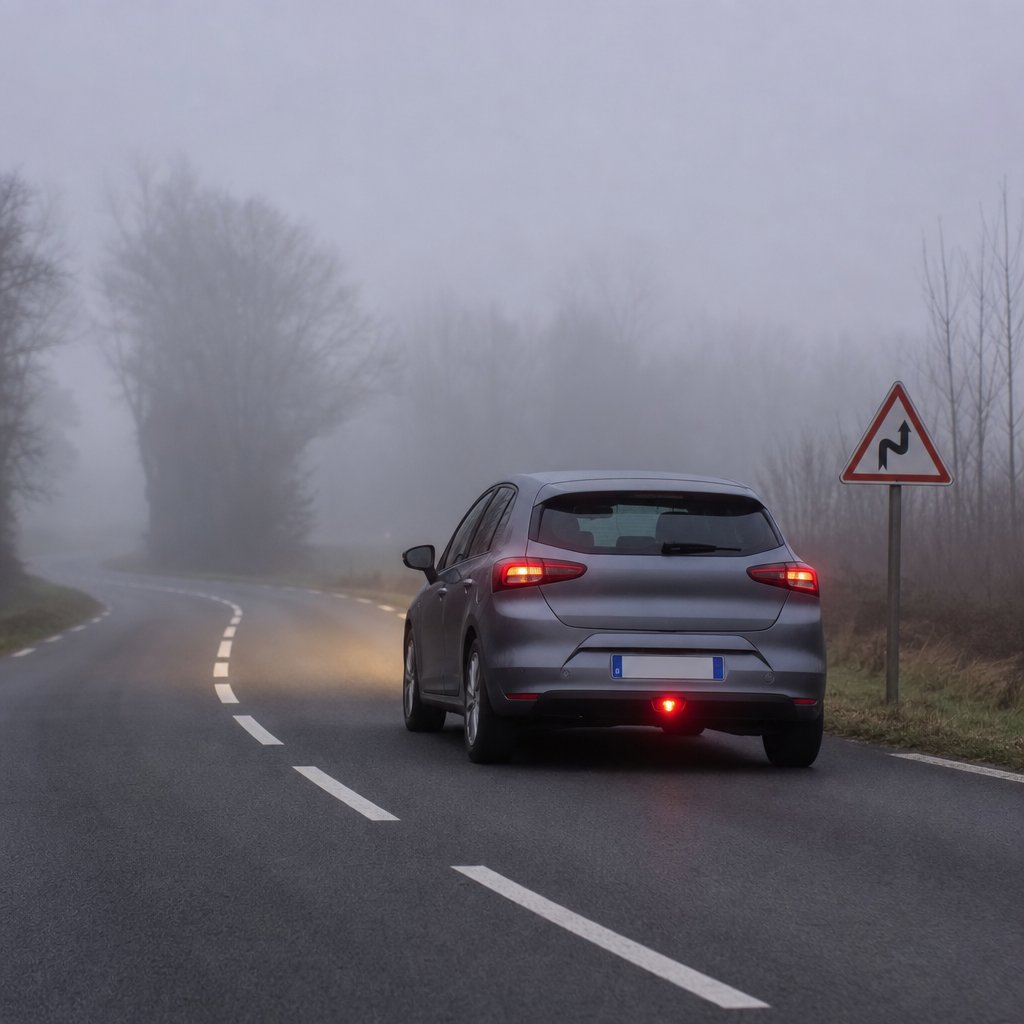 Voiture circulant dans un brouillard dense sur une route française de campagne, vue arrière trois-quarts, feux de croisement allumés et feu arrière de brouillard visible, marquage au sol et arbres flous en arrière-plan
