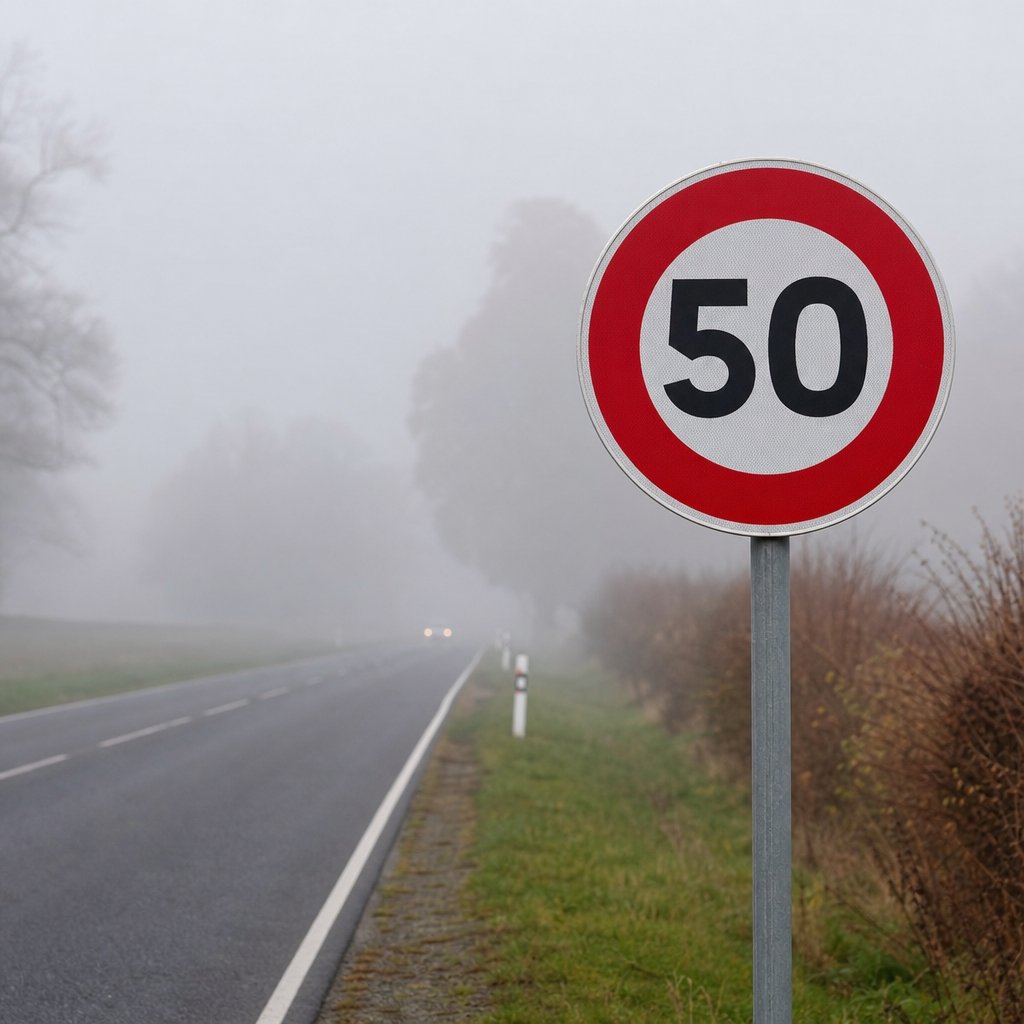 Panneau officiel français de limitation de vitesse 50 km/h, net au premier plan, avec route plongée dans un brouillard dense en arrière-plan, ambiance réaliste de circulation française