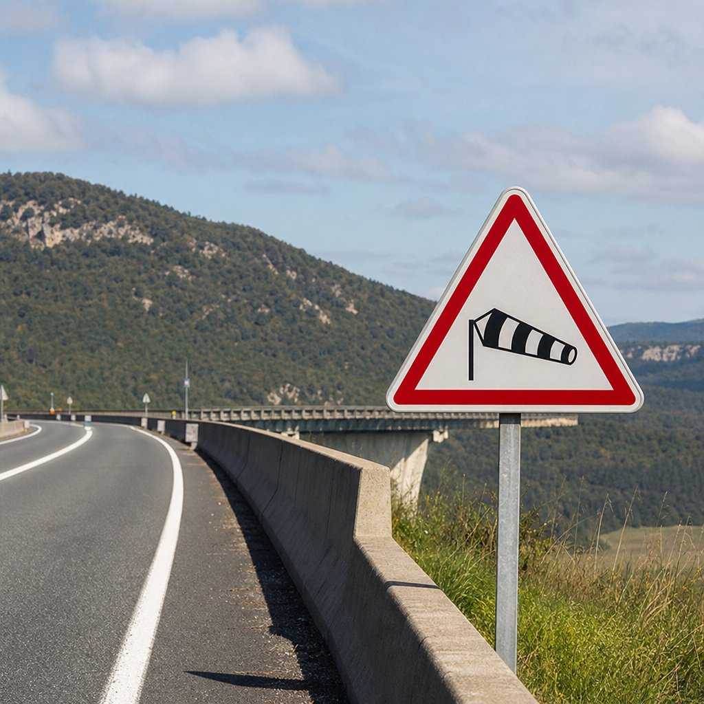 panneau officiel français de danger annonçant un vent latéral, implanté en bord de route avant un viaduc, sans autre texte, contexte routier réaliste