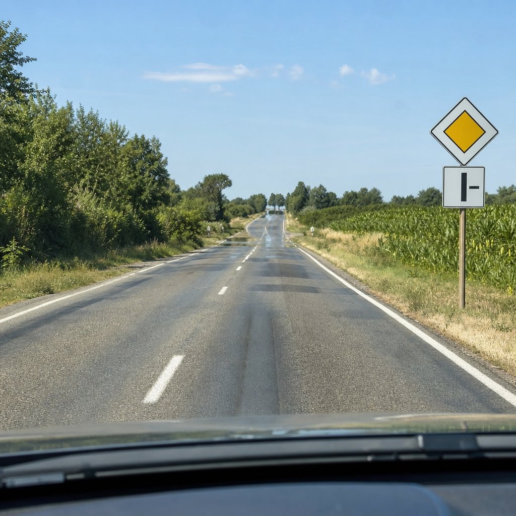 chaussée française en plein été avec bitume légèrement déformé, ornières visibles et effet de chaleur au loin, vue conducteur à hauteur de pare-brise sur route départementale