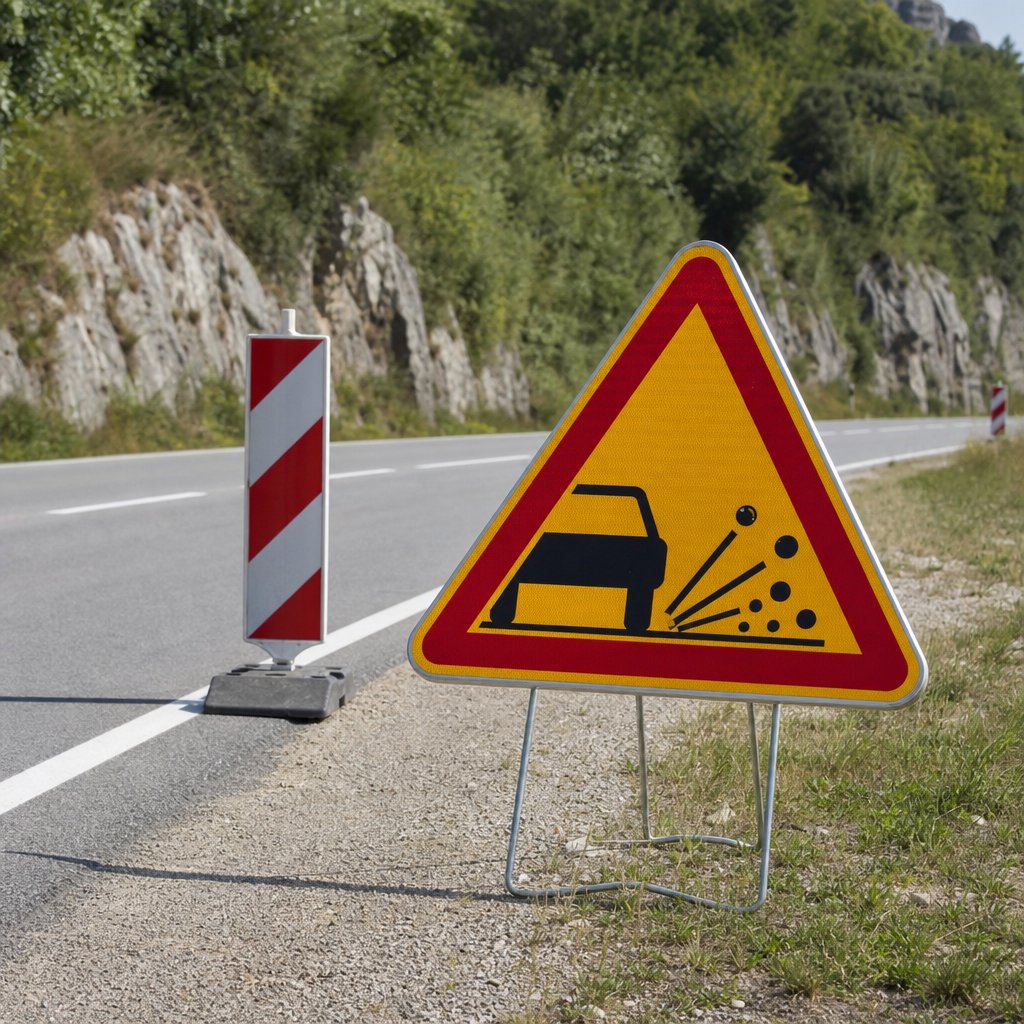 panneau temporaire français de danger annonçant gravillons sur chaussée avec balisage de chantier léger en bord de route départementale, vue trois-quarts avant