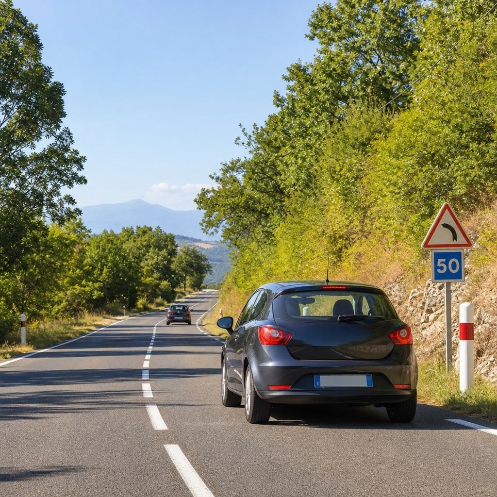 voiture de tourisme française roulant prudemment sur une route secondaire par forte chaleur, vue arrière trois-quarts, distance de sécurité visible avec autre véhicule devant, décor estival lumineux