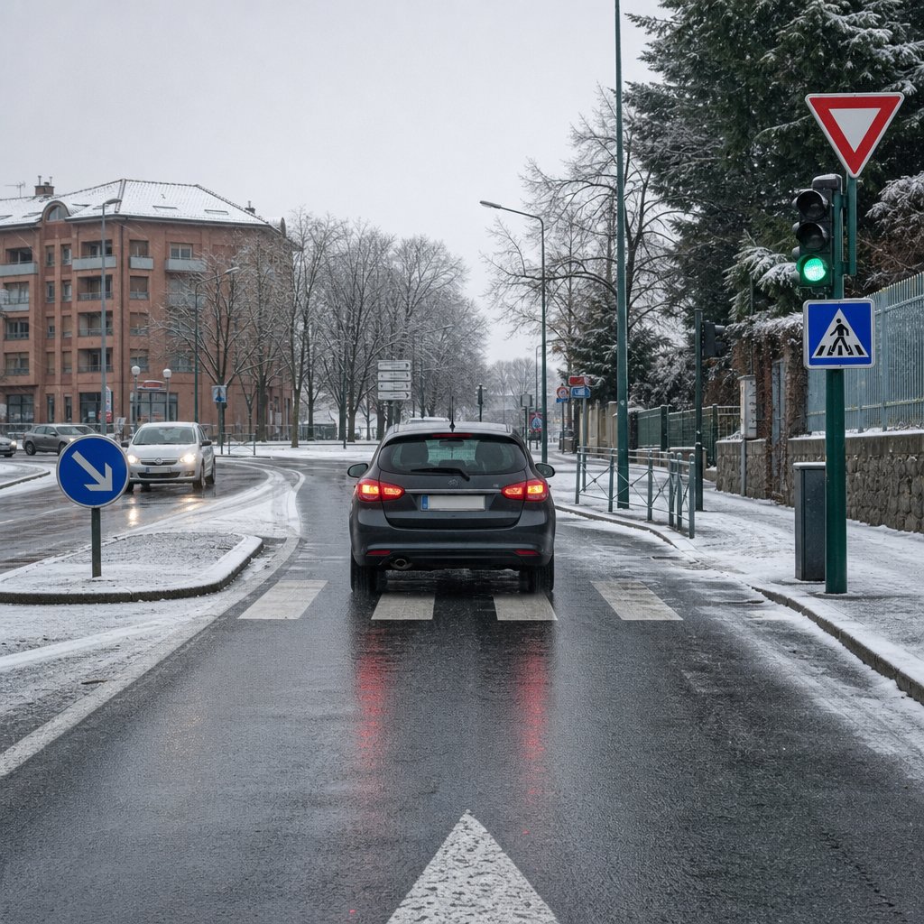 voiture démarrant très doucement sur une route urbaine française mouillée et légèrement verglacée, roues droites, conducteur prudent, marquages au sol visibles, ambiance hivernale