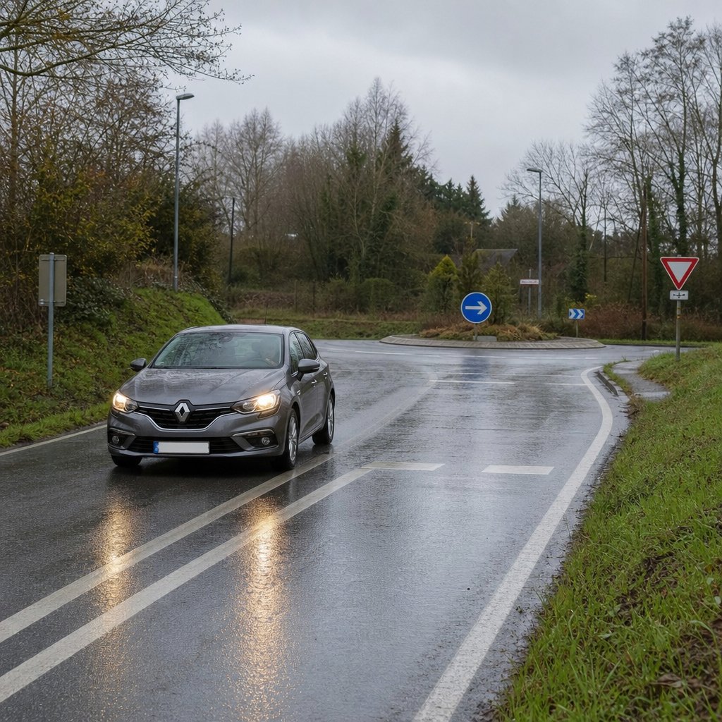 voiture freinant progressivement avant un rond-point sur chaussée humide en France, vue trois-quarts avant, distance de sécurité visible, ambiance froide, route secondaire