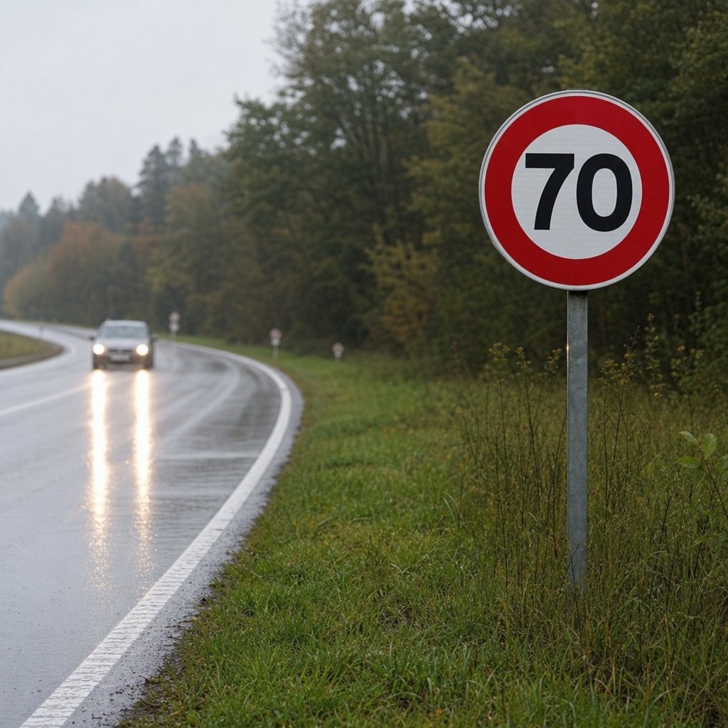 panneau officiel B14 de limitation de vitesse sur route française par temps de pluie à proximité d'une chaussée humide, contexte réaliste sans texte ajouté hors panneau officiel