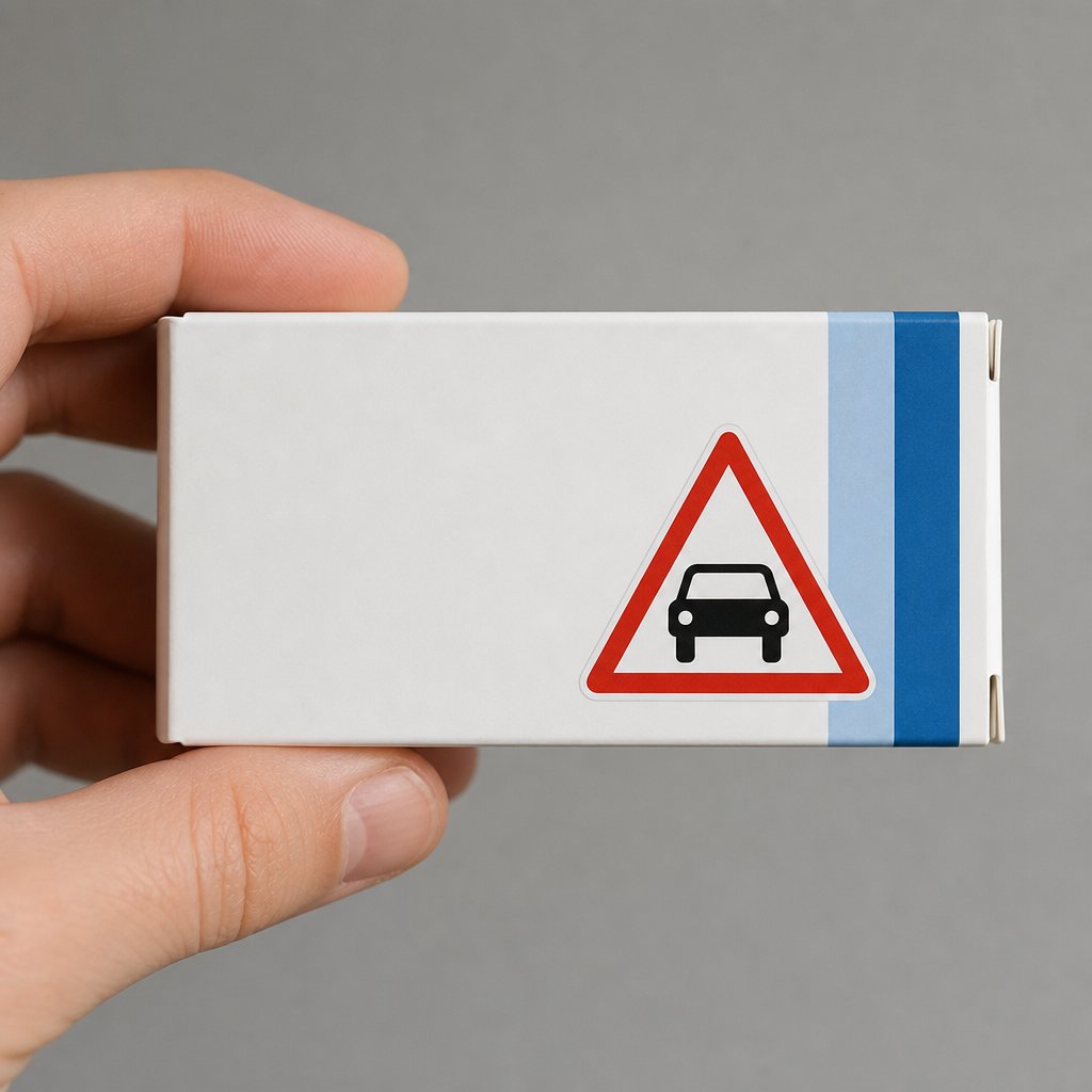 boîte de médicament française avec pictogramme officiel de danger pour la conduite, mise au point sur le triangle de couleur, main tenant la boîte, fond neutre, sans autre texte ajouté