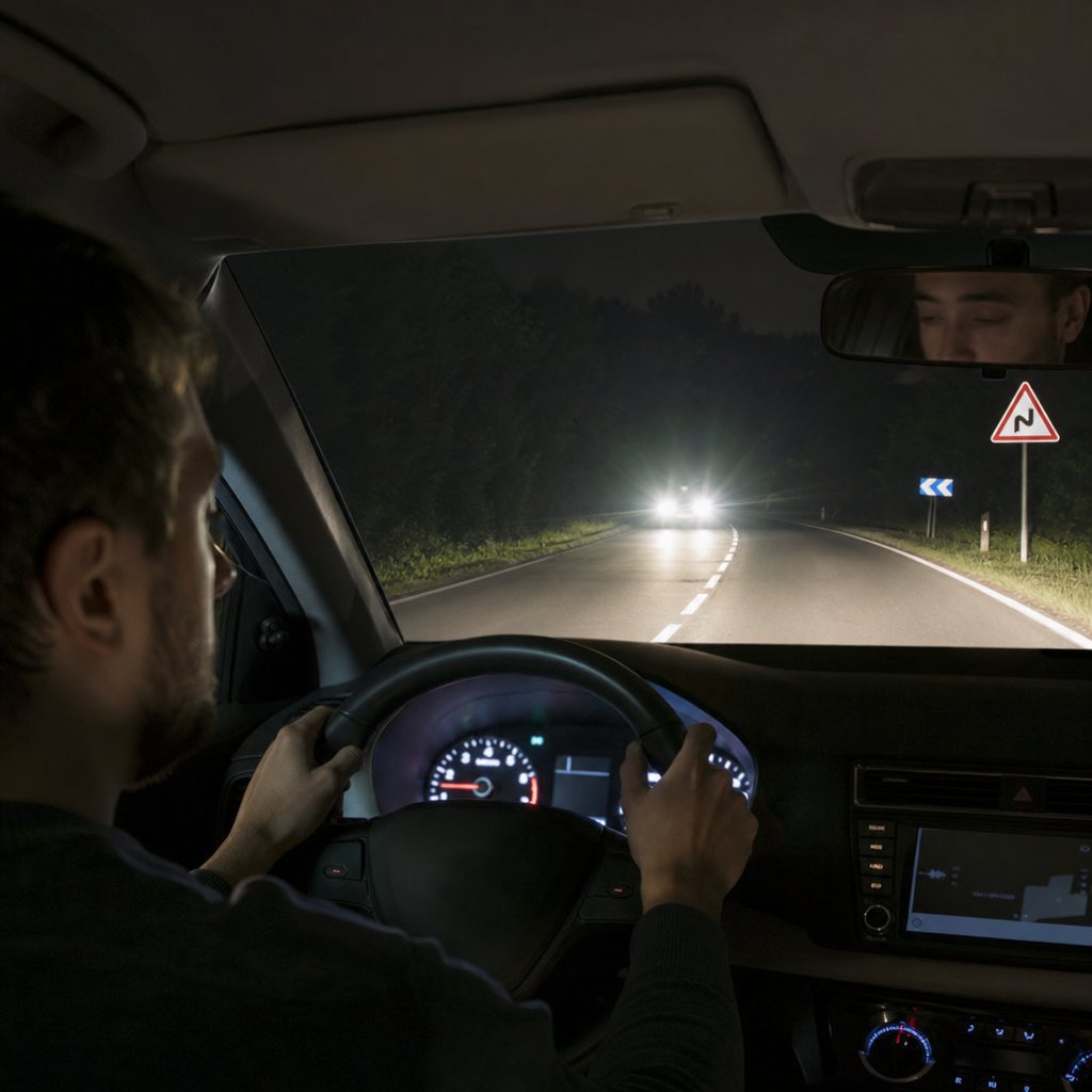 intérieur d'une voiture sur route française de nuit, conducteur fatigué avec regard flou, phares en face, mains sur le volant, ambiance réaliste de perte de vigilance, sans texte