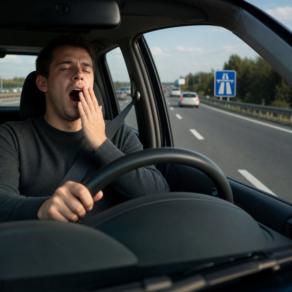 conducteur sur autoroute française de jour, vue intérieure trois-quarts avant, paupières lourdes, bâillement, mains au volant, marquages de voie visibles, circulation fluide, ambiance réaliste de fatigue avant l’arrêt sur aire