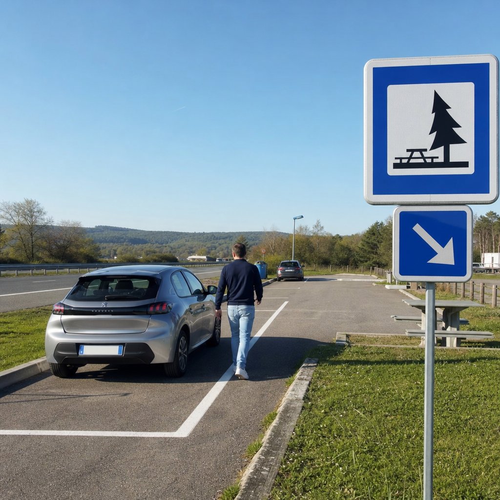 aire de repos d’autoroute en France, vue extérieure avec voiture stationnée correctement, conducteur marchant près du véhicule, panneau d’aire visible, ambiance de pause sécurité, marquages routiers français réalistes